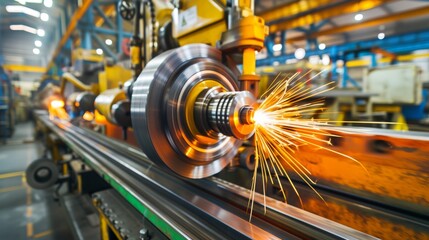 Dynamic Industrial Symphony: Automated Precision Metalworking, High-Speed Manufacturing and Heavy Machinery at Work in Steel Manufacturing Technologically Advanced Factories