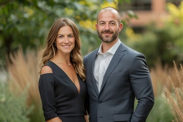 Professional Real Estate Agent Team in Natural Setting
A professional male and female real estate agent team, dressed in formal attire, showcasing confidence and partnership outdoors.
