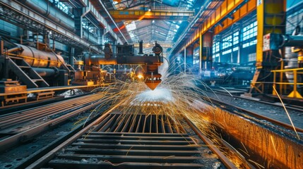 Fototapeta na wymiar Dynamic Industrial Symphony: Automated Precision Metalworking, High-Speed Manufacturing and Heavy Machinery at Work in Steel Manufacturing Technologically Advanced Factories