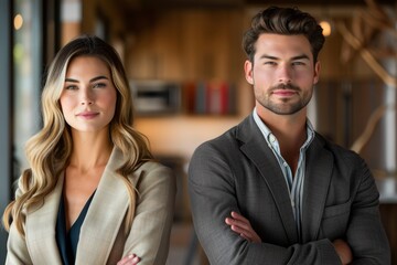 Professional Man and Woman in Business Attire
Confident male and female professionals in formal business wear standing in a modern office setting.
