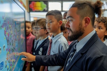 Teacher and Students Using Interactive Display
An engaged teacher guiding students through an educational activity on an interactive digital display in a modern classroom.

