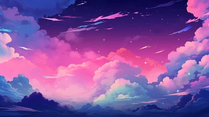 Gordijnen Cartoon illustration of beautiful colorful clouds in the night sky  © 俊后生