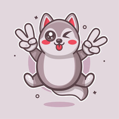 funny husky dog animal character mascot with peace sign hand gesture isolated cartoon 