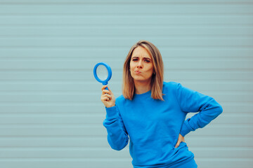 Woman Holding a Magnifying Glass Feeling Puzzled. Critical perfectionist millennial girl feeling...