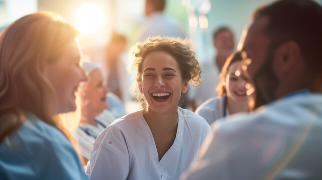 Diverse group of patients and doctors are laughing and talking in recovery room in hospital