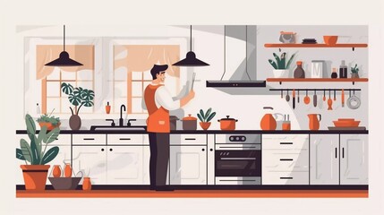 The man was cooking in the kitchen. Apron for cooking in the kitchen flat vector illustration
