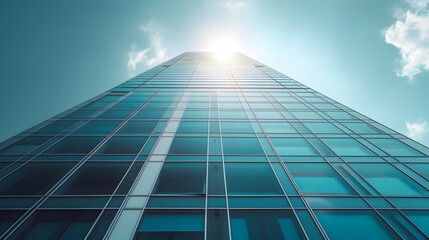 View of a contemporary glass skyscraper reflecting the blue sky