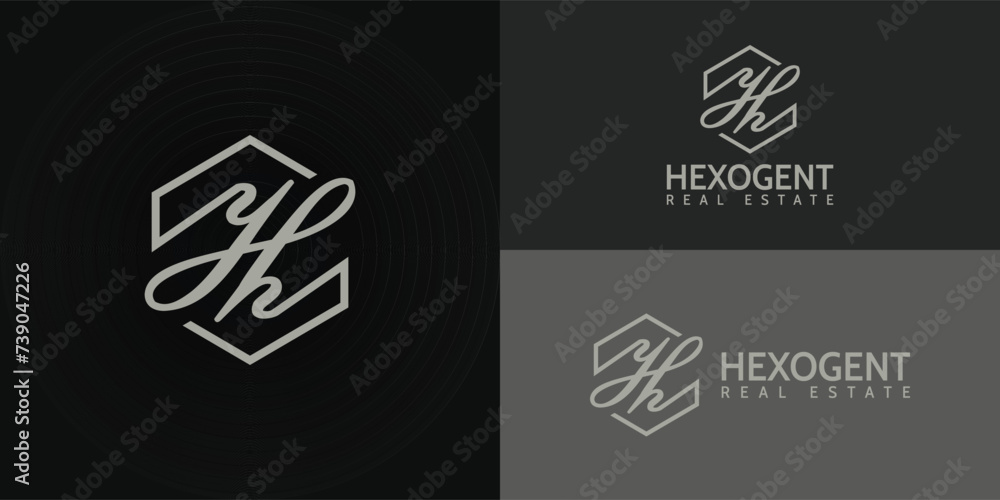 Poster abstract initial letter h logo in the form of hexagon shape isolated in black background applied for