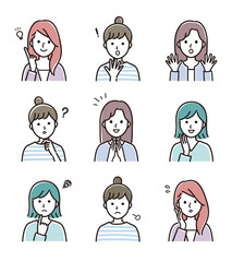 いろいろな表情の女性のベクターイラスト