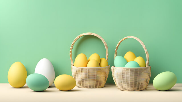 3D Colorful Eggs Arranged Inside Woven Wicker Basket with Green Pastel Background. Depicting a Simple Modern Minimalist Banner Concept for Easter Day Good Friday.