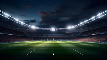 Football field stadium at night with spotlight light - obrazy, fototapety, plakaty