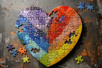 A colorful heart-shaped puzzle with missing pieces in the shape of different pride flags, including a prominent peach heart, symbolizing the ongoing journey towards LGBTQ+ equality and inclusion