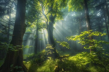 A dense forest reveals a magical world of emerald foliage, where sunlight plays hide and seek...
