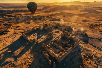 A hot air balloon soaring above a vibrant desert landscape at sunrise, casting long shadows across ancient ruins