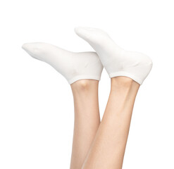 Woman wearing white socks on isolated white background.