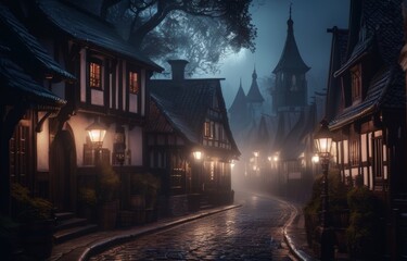 the street of amedieval fantasy town, at dawn, dark, 4k, highly detailed, magic, epic composition, cinematic light, beautiful