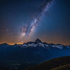 Starry Night A Dark Blue and Light Red Milky Way Over the Mountain