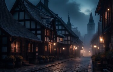 Obraz premium the street of amedieval fantasy town, at dawn, dark, 4k, highly detailed, magic, epic composition, cinematic light, beautiful
