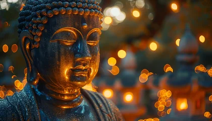Tuinposter buddha statue in peaceful environment with sparkling lights,generative ai © LomaPari2021