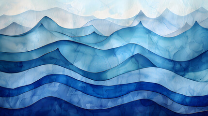 Abstract art navy blue background. Watercolor painting on textured canvas has a water wave pattern with elements of wavy lines and gradients.