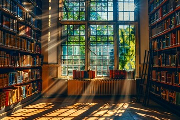 A vibrant library interior overflowing with colorful bookshelves stacked with diverse tomes, sunlight streaming through large windows