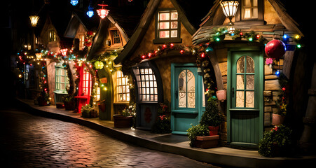 Fototapeta na wymiar colorful christmas lights on a lit street next to old buildings