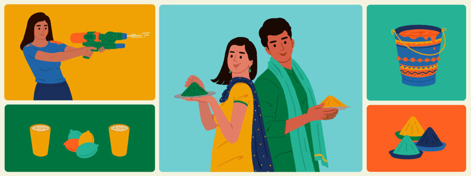 Holi Indian festival elements with man and woman celebrating Holi festival vector editable illustration set design