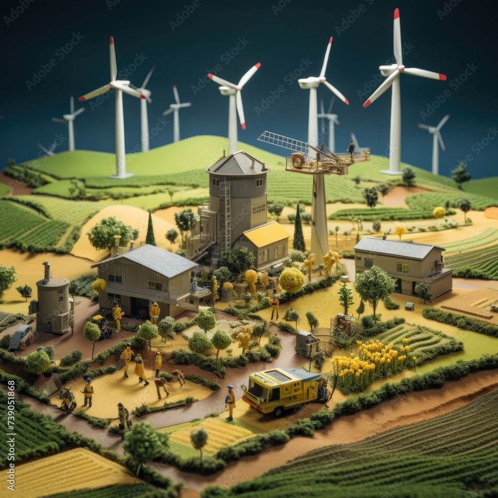 Poster a model of a farm with windmills in the background. generative ai.