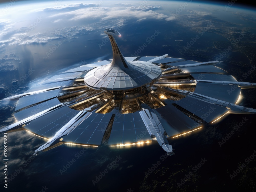 Poster a futuristic space station in the space. generative ai.