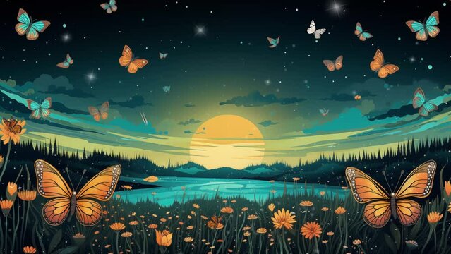 cartoon anime concept. illustration glowcore flat design. butterfly with sunset illustration. seamless looping overlay 4k virtual video animation background 