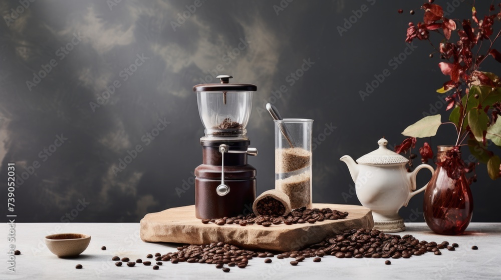 Poster a table topped with coffee beans and a blender. generative ai.