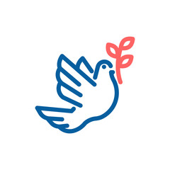 Peace Dove Vector Icon: Olive Branch in Beak, Thin Line Illustration for Harmony, Diplomacy and Global Unity. - obrazy, fototapety, plakaty