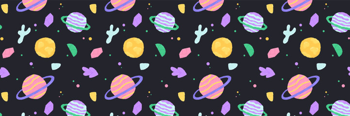 Baby cute seamless pattern with space elements on dark background. Hand drawn flat cartoon style. Vector illustration
