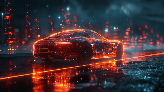 Smart Car. Abstract image of smart car in the form of a starry sky or space.Hologram auto in HUD UI style. Futuristic car service, scanning and auto data analysis.,generative ai