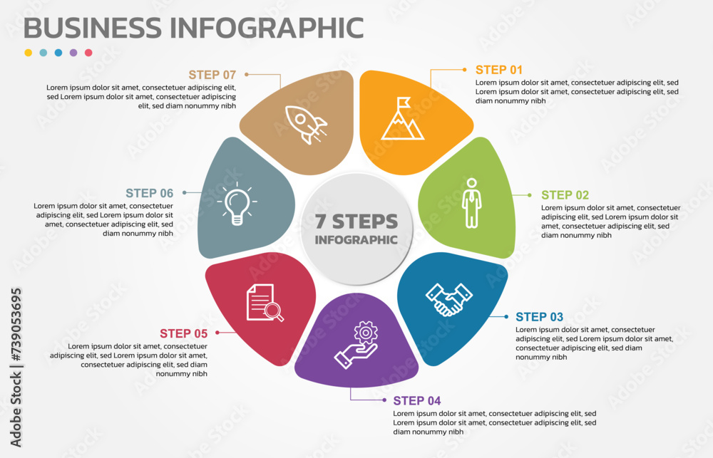 Aufkleber Visual data presentation. Cycle diagram with 7 options. Pie Chart Circle infographic template with 7 steps, options, parts, segments. Business concept. Marketing infographic vector illustration.