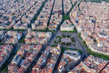 Aerial view of Placa de Catalunya with typical urban grid and streets, Barcelona