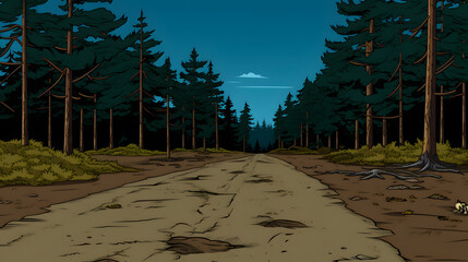 a cartoon landscape with a road through the woods