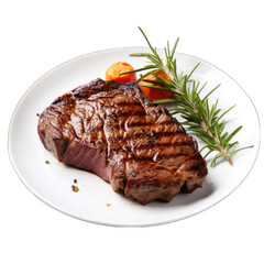 A cooked steak sits on a white plate, garnished with rosemary and two cherry tomatoes png / transparent