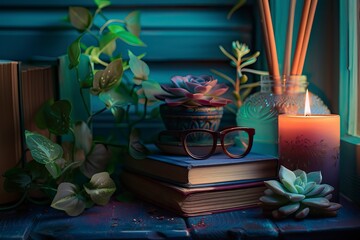 Books stack, eyeglasses, house plants succulents and fragrant candle and sticks. Background for World Book Day. Still life with stack of colorful books and home interior decor - generative ai