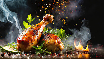 Chicken drum sticks closeup; barbecue concept banner template for cover design with sparkles Generated AI - obrazy, fototapety, plakaty