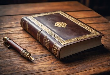 Antique Book and Quill on Wooden Table
