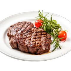 A cooked steak sits on a white plate, garnished with rosemary and two cherry tomatoes png / transparent
