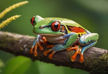 Obraz premium Red-Eyed Tree Frog Perched on a Lush Branch