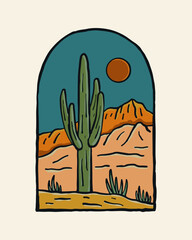 The view of wild desert vintage design for t shirt badge patch sticker and other illustration