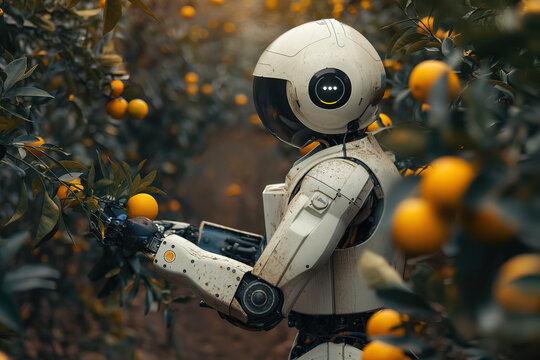 Robots harvesting oranges at a plantation, technology in farming, futuristic AI farm