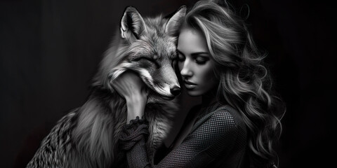 Black and white studio portrait of a girl and a fox
