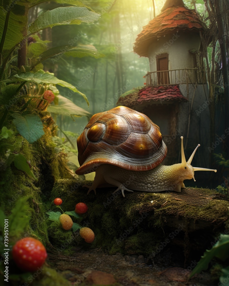 Aufkleber a snail is walking in the forest with a house in the background. generative ai.