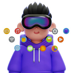 Boy with Virtual Button 3D Illustration