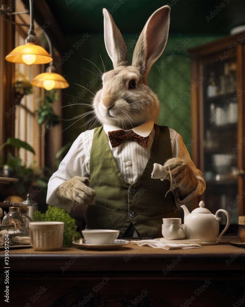 Poster a rabbit in a suit and tie sitting at a table with tea and coffee. generative ai.