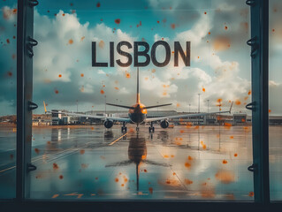 Commercial airplane landing with the sign "LISBON" in foreground, travel Portugal concept, double exposure
